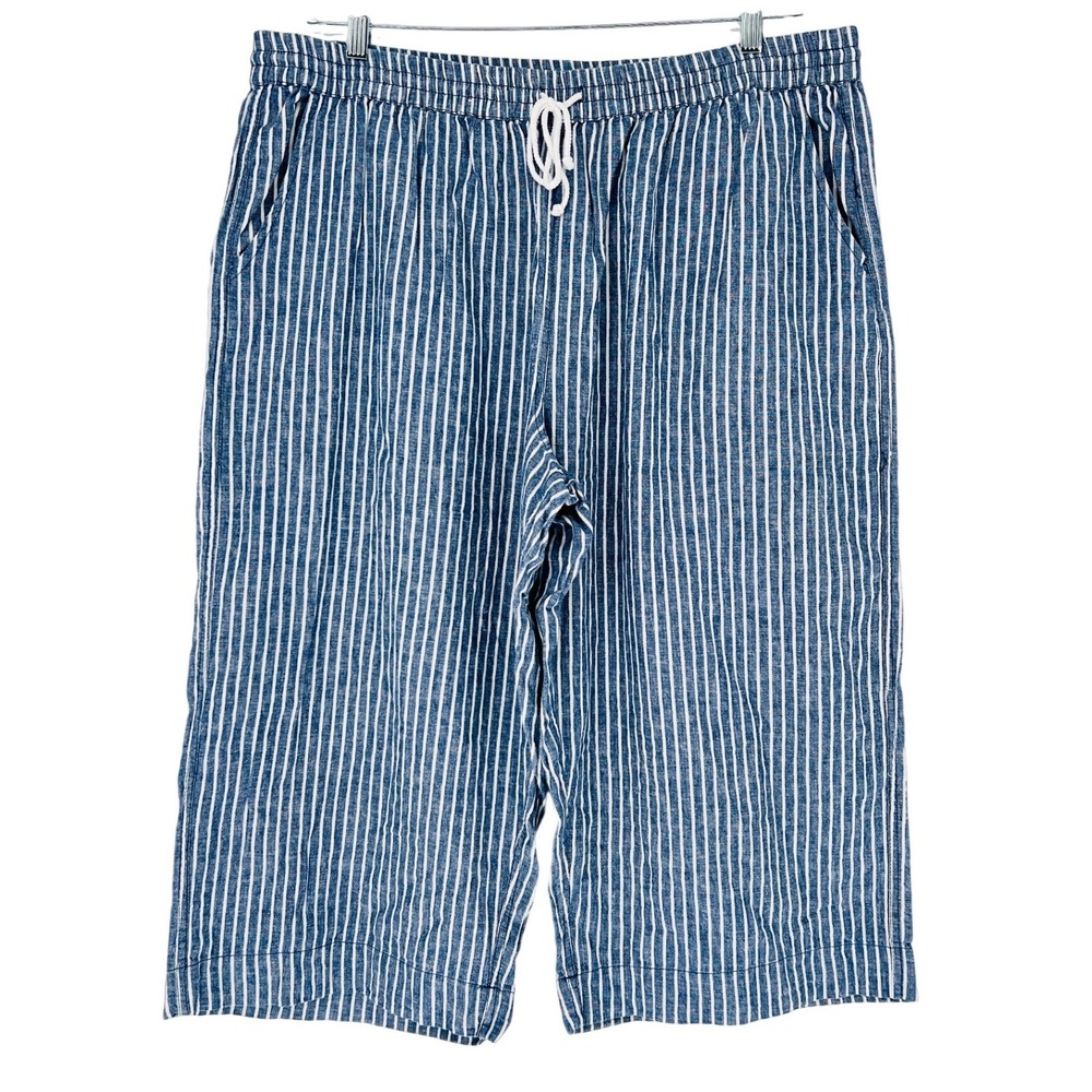 Beachlunchlounge Crop Pants Women XXL Blue Stripe Linen Blend Beach Pockets